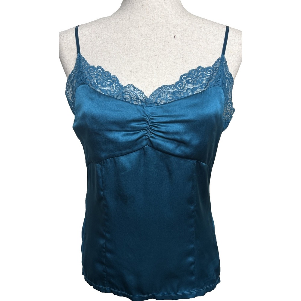 Ann Taylor Babydoll Cami Silk Front Lace Camisole Womens Large Teal Y2K Fairy